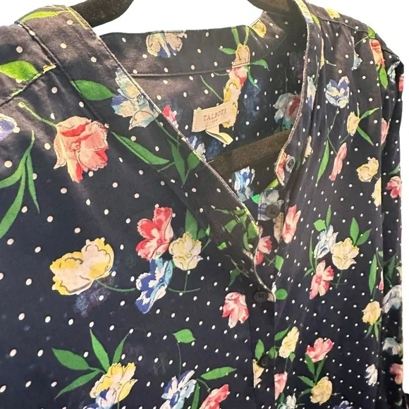 Talbots Navy Blue White Polka Dot Floral Six Button Blouse sz XLarge - Picture 4 of 8